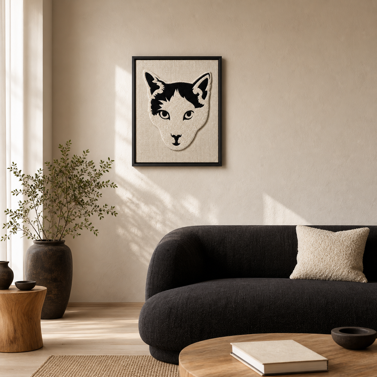 Framed portrait hanging in a sunlit living room