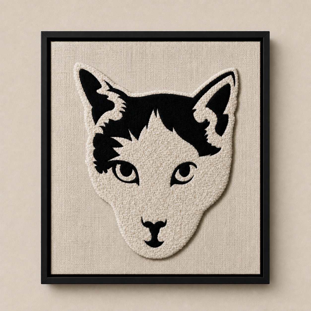 Framed monochrome fiber art cat portrait, straight-on view